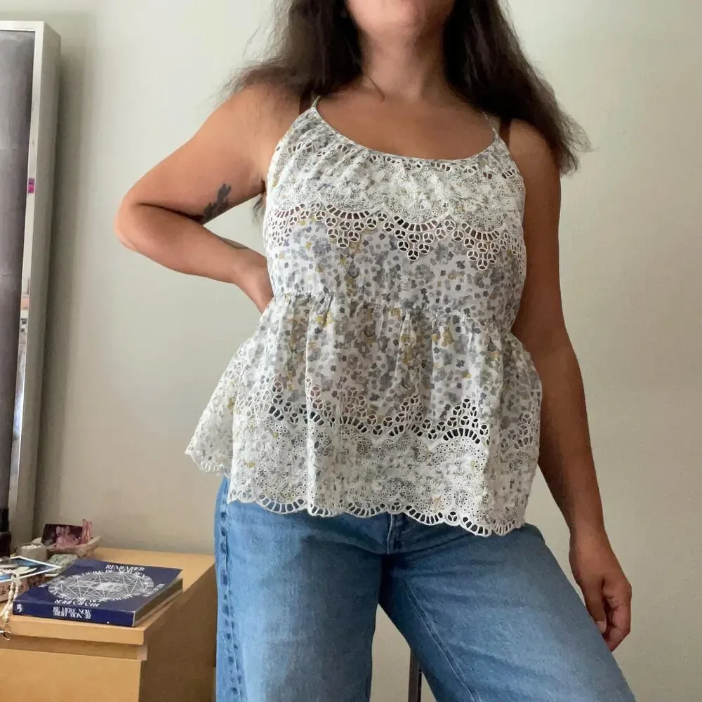 Free People Floral Babydoll Eyelet Tank Top Cottage Boho Soft Girl | Size S